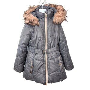 Michael Kors Girls Puffer Coat Grey Pink 7/8 Hood Faux Fur Trim Logo Zip Winter